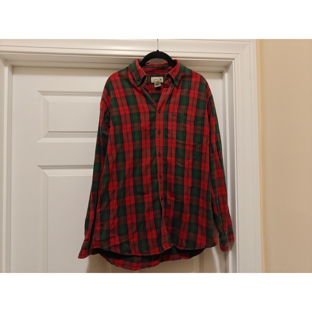 LL‎ Bean Mens Flannel Shirt Medium Regular Red Green Plaid Button Down Cotton